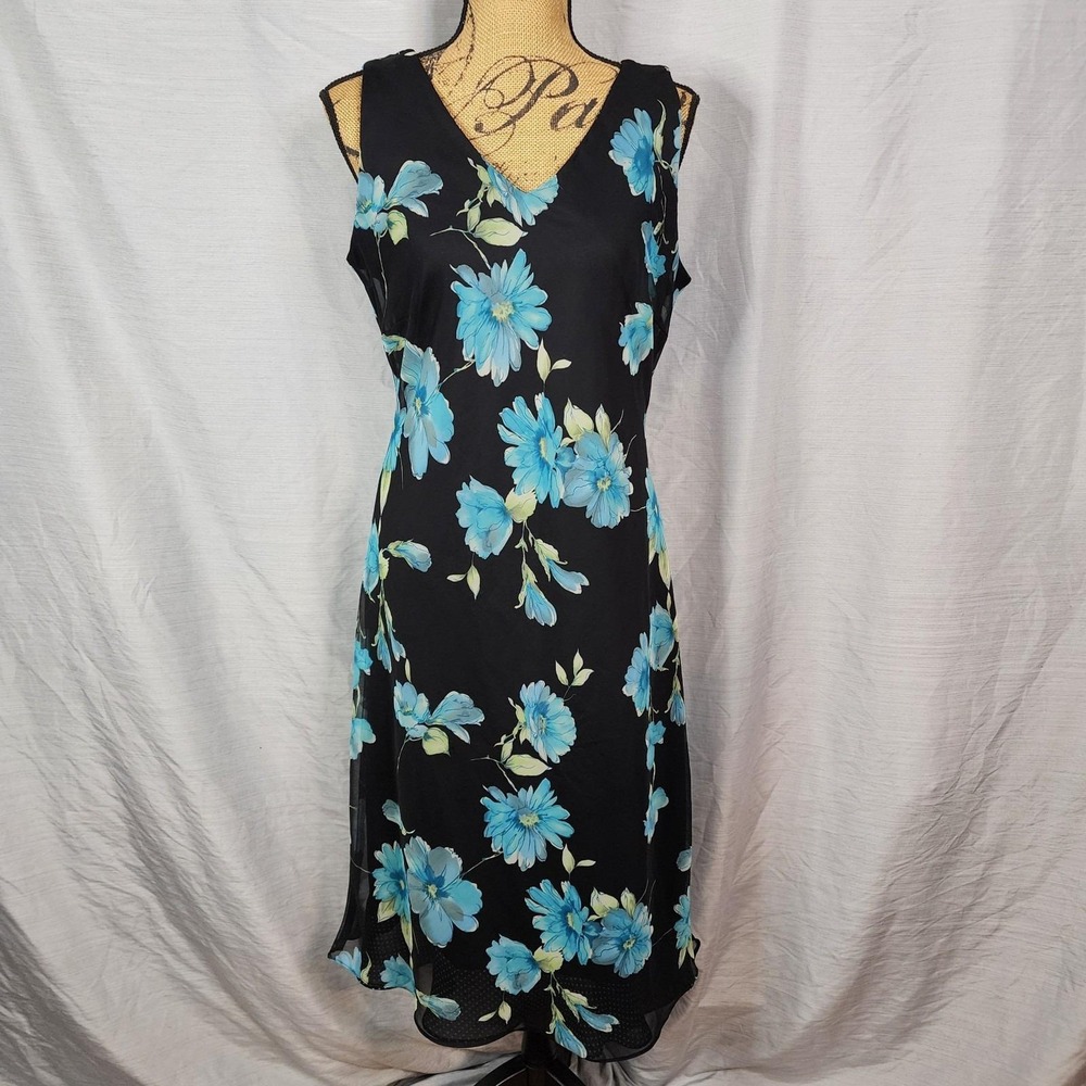 Vtg R&K ORIGINALS Size 10 Black Blue Floral Chiffon Sleeveless V-Neck Midi Dress